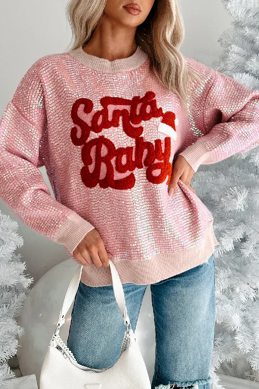 Single For Christmas Sequin "Santa Baby" Sweater (Pink) Machine Wash Dry Clean Hand Wash