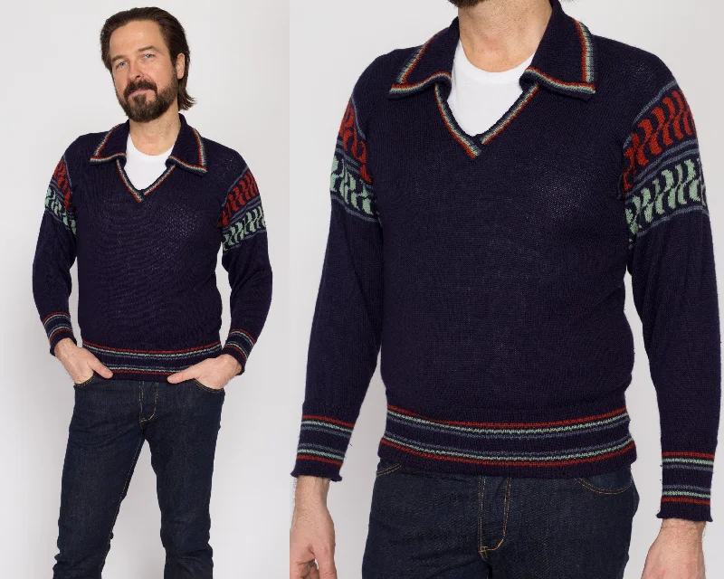 Small 70s Boho Navy Blue Striped Collared Sweater Spandex Rayon Corduroy