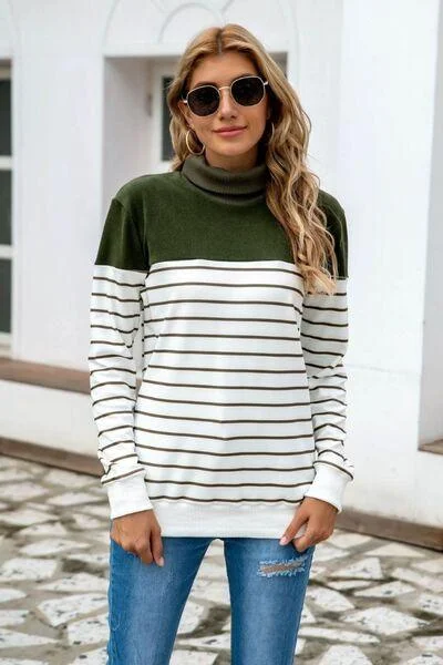 Striped Contrast Turtleneck Sweater in 5 Colors Solid Print Embellished