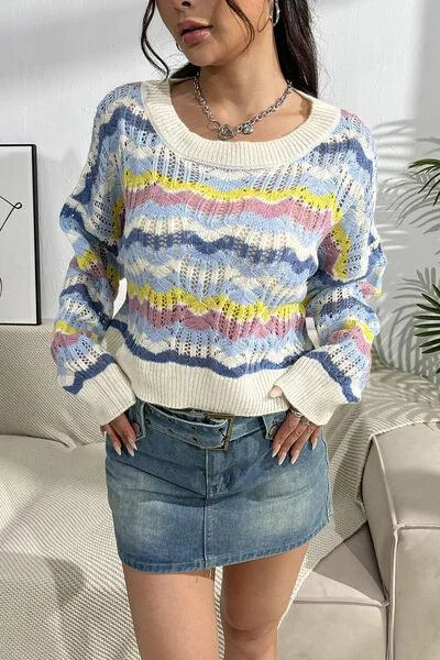 Striped Openwork Sweater Satin Fabric Silk Fabric Chiffon Fabric