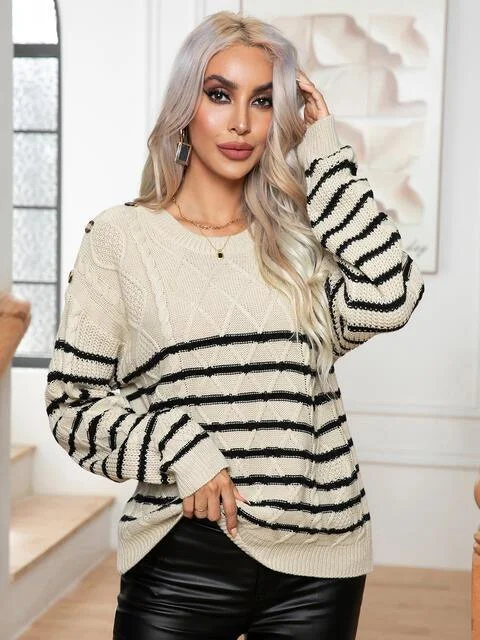 Striped Cable-Knit Sweater Spandex Blend Rayon Blend Denim Blend