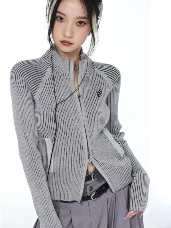 Sweater Cardigan Women Stretchy Contrast Rib Sweater Y2k Embroidered Appliqued Beaded