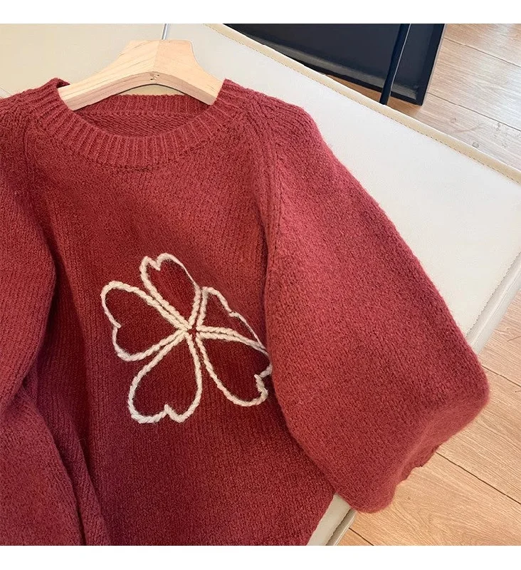 Sweet embroidered round neck sweater for women S4878 Satin Blend Silk Blend Wool Blend Sweet embroidered round neck sweater for women S4878 Satin Blend Silk Blend Wool Blend