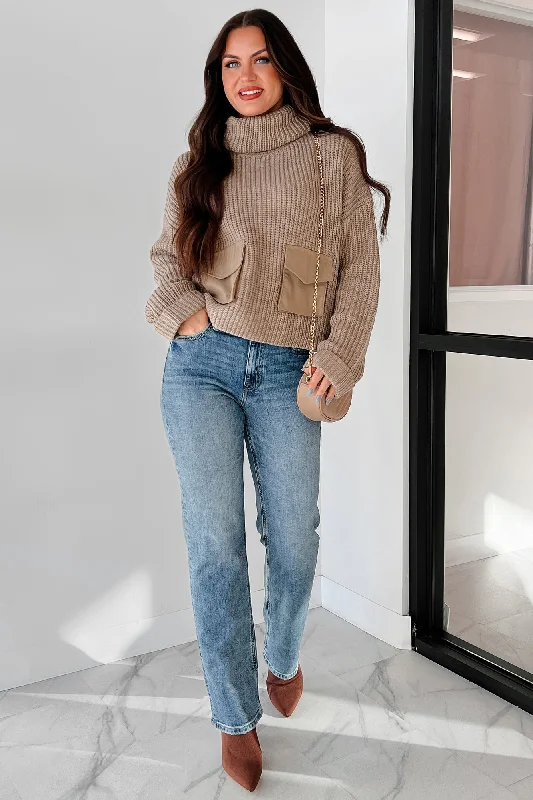 Tell Me Everything Cowl Neck Cargo Sweater (Taupe) Striped Floral Plaid