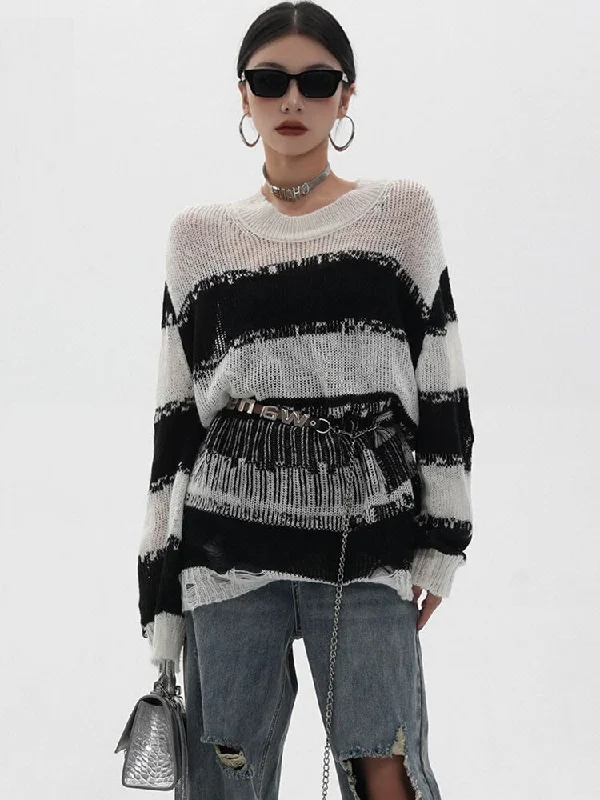 Ugly Sweater Hollow Out Striped Sweater Women Jumper Autumn Spring Tops Y2K Toggled Drawstring Belted Ugly Sweater Hollow Out Striped Sweater Women Jumper Autumn Spring Tops Y2K Toggled Drawstring Belted