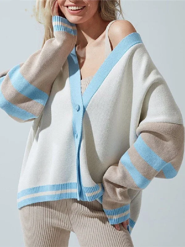 V Neck Autumn Winter Casual Cardigan Oversized Women Knitted Sweater Long Sleeve Loose Stripe Vintage Modern Contemporary Chic