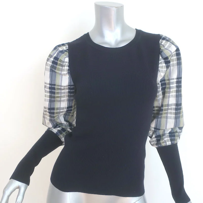Veronica Beard Leila Plaid-Sleeve Sweater Navy Wool-Blend Size Small Transparent Opaque Sheer Veronica Beard Leila Plaid-Sleeve Sweater Navy Wool-Blend Size Small Transparent Opaque Sheer