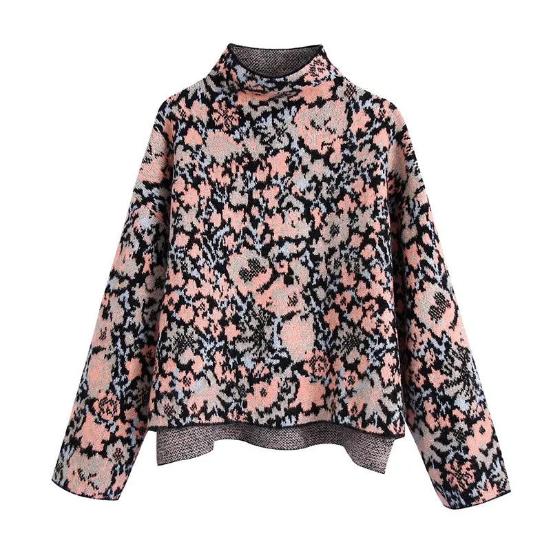 Vintage stand collar long sleeve flower jacquard sweater 7504 Mesh Blend Leather Blend Suede Blend Vintage stand collar long sleeve flower jacquard sweater 7504 Mesh Blend Leather Blend Suede Blend