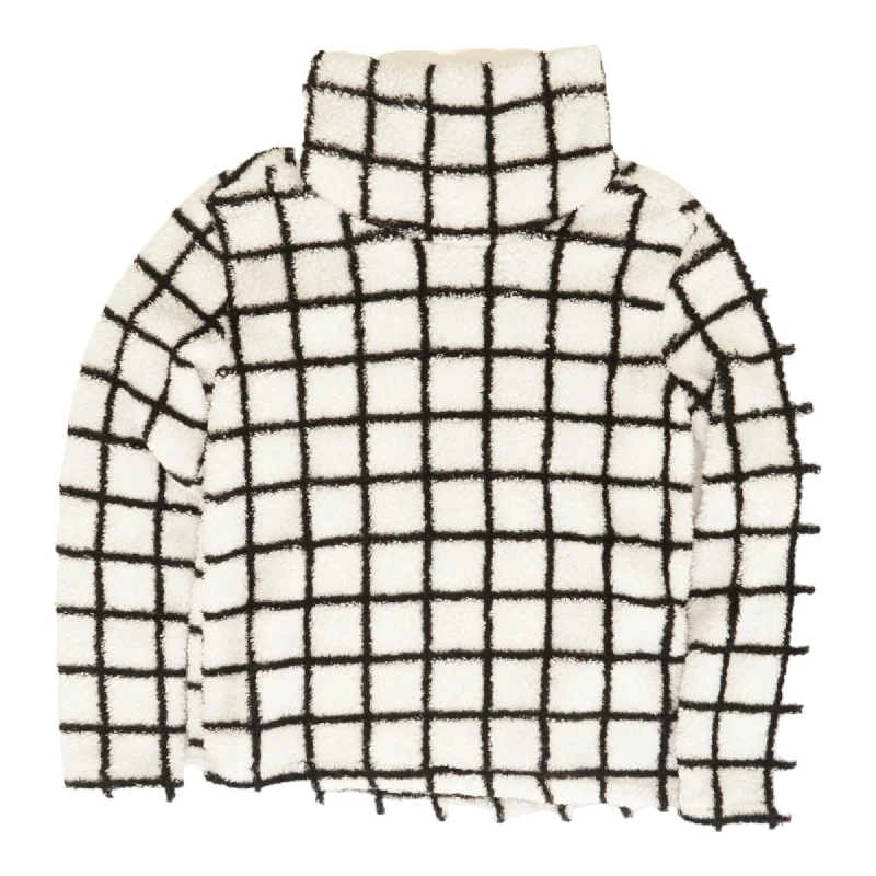 White Check Mockneck Sweater Zippered Front Buttoned Front Snap Front
