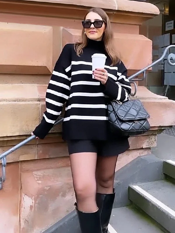 Women 2022 Black Striped Half High Collar Sweater Loose Pullovers Terry Terry Cloth Terry Knit Women 2022 Black Striped Half High Collar Sweater Loose Pullovers Terry Terry Cloth Terry Knit