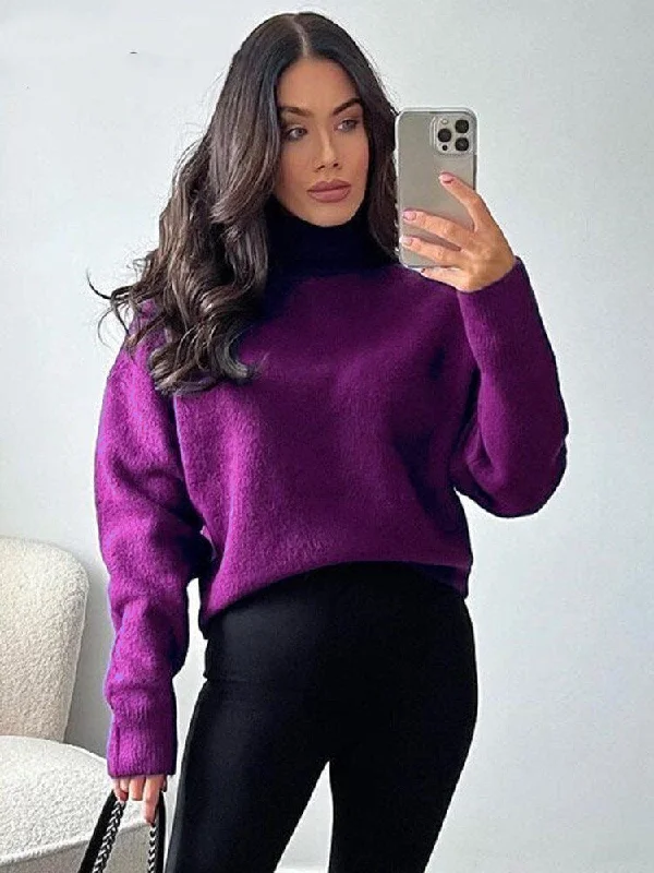 Women Soft Touch Faux Mohair Sweaters Loose Knit Purple Sweater High Neck Long Sleeve Female Pullovers Chic Tops Fitted Loose Oversized