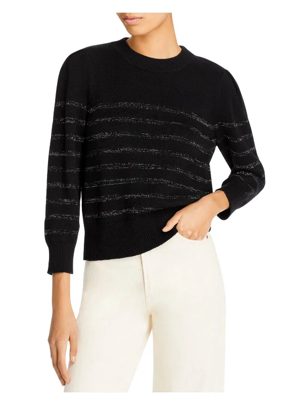 Womens Cuffed Striped Crewneck Sweater Knit Fabric Woven Fabric Fleece Fabric