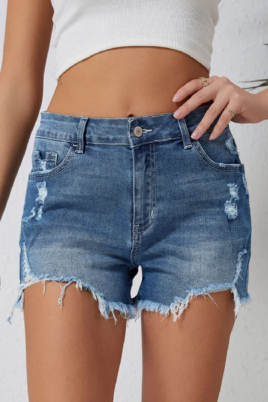 Sky Blue Distressed Raw Edge Jean Shorts