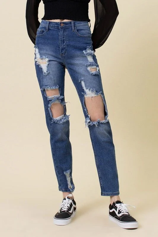 Vibrant MIU High Rise Distressed Mom Jean