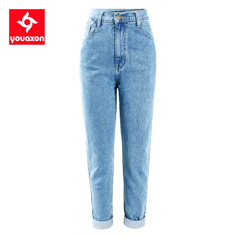Cotton Vintage High Waist Mom Baggy Jeans Women`s Blue Denim Pants Cozy Stretch High-Waist Jeans