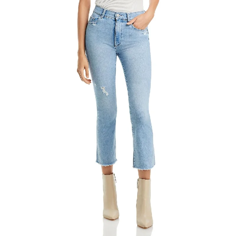 Womens High Rise Cropped Flared Jeans Stylish Paperbag Waist Denim