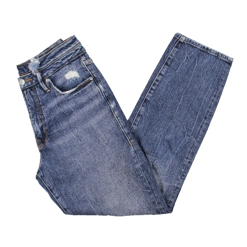 Womens Mid-Rise Destroyed Straight Leg Jeans Trendy Low-Rise Slim Jeans