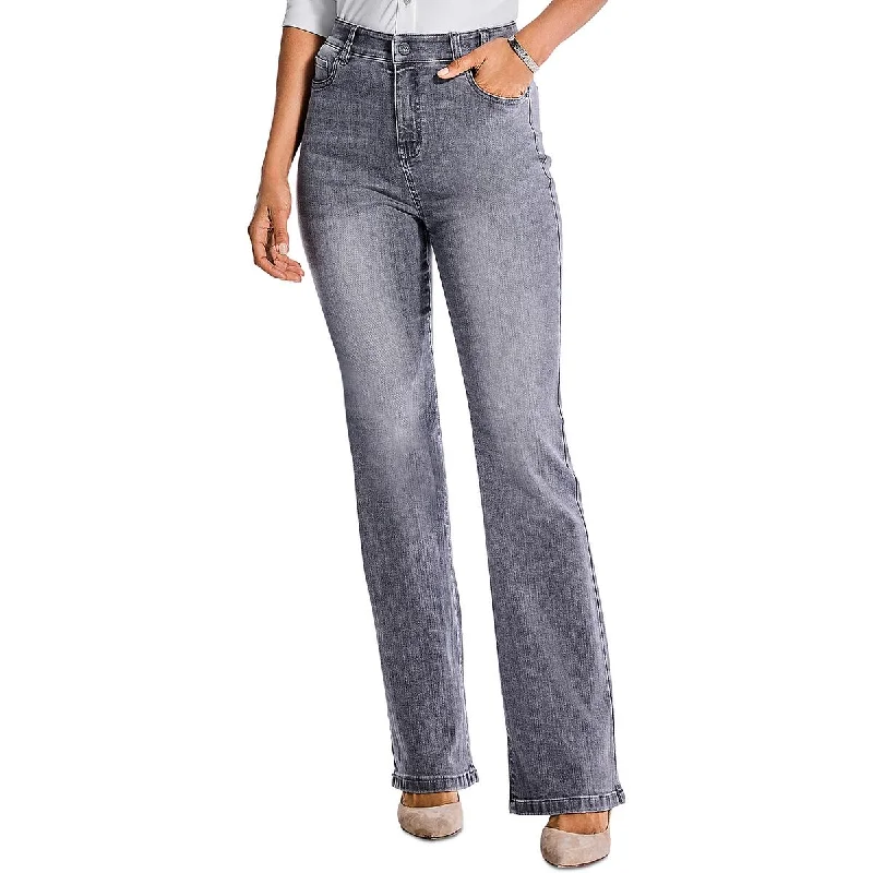 Womens High Rise Knit Bootcut Jeans Casual Distressed Denim Jeans