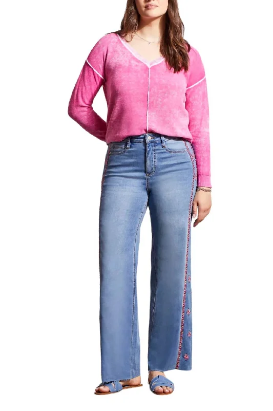 Brooke Hugging Side Embroidered Jeans In Blue Lotus Fashionable Raw Edge Jeans