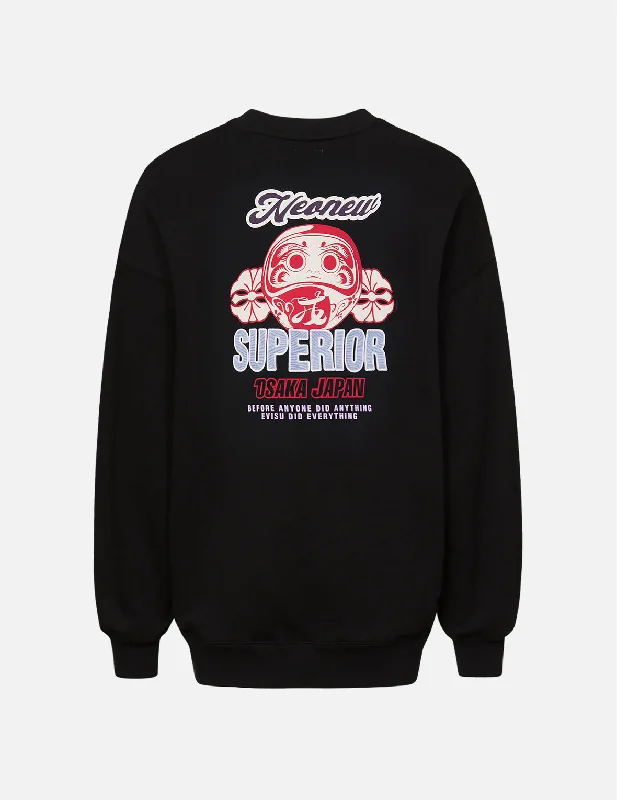 Daruma and Kamon Print Sweatshirt Hoodie with Button Placket Classic Preppy