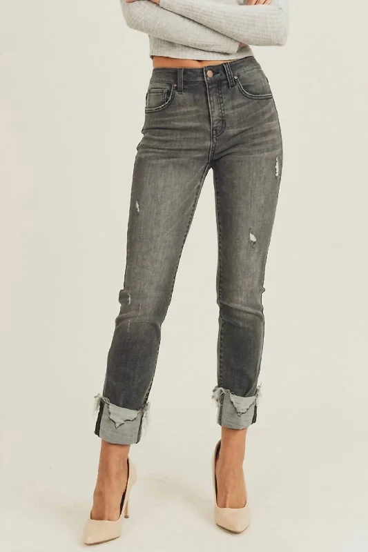 Fall Is Calling Cuffed Jeans - Dark Grey Fashionable Slouchy Fit Jeans