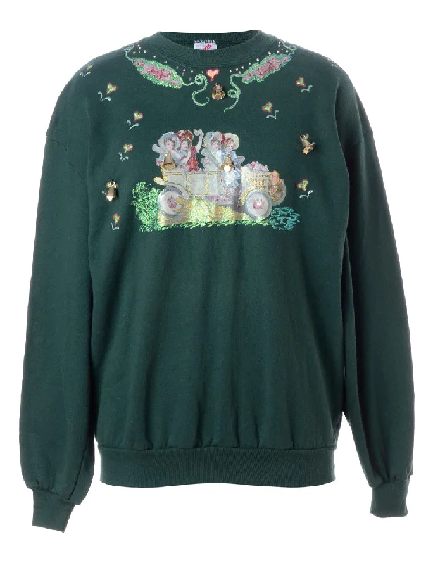 Label Christmas Sweatshirt With Bells Hoodie with Raglan Sleeves Sporty Comfortable