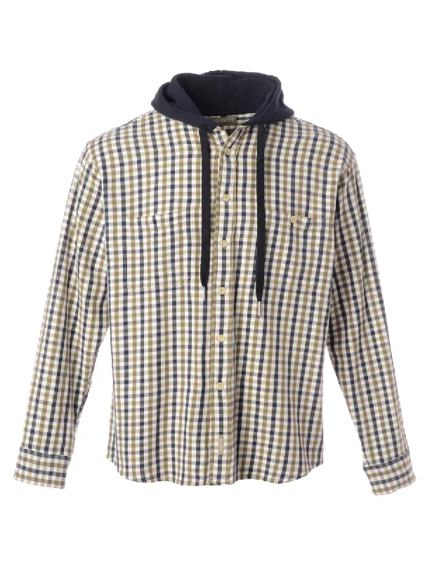 Label Hooded Plaid Shirt Hoodie with Hem Embroidery Detailed Premium