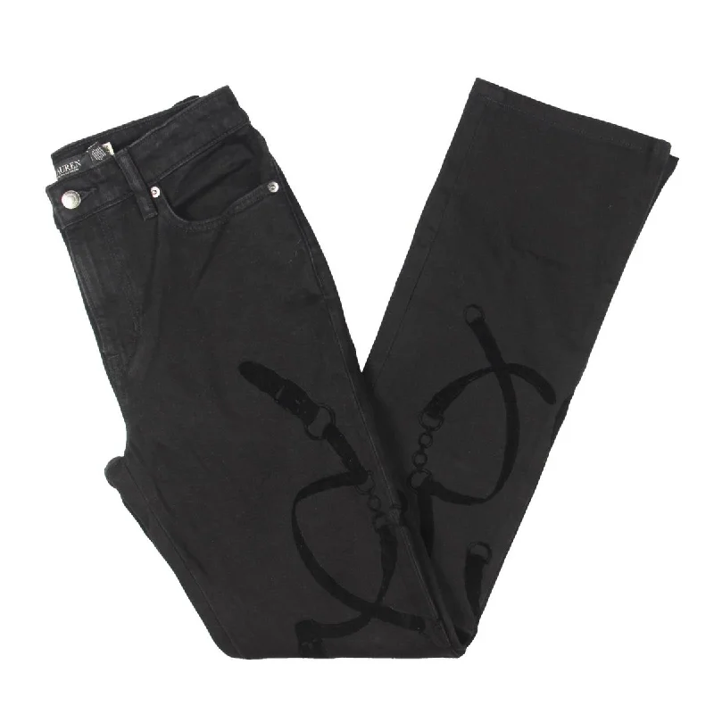 Lauren Ralph Lauren Womens High Rise Flocked Print Bootcut Jeans Trendy Low-Rise Slim Jeans
