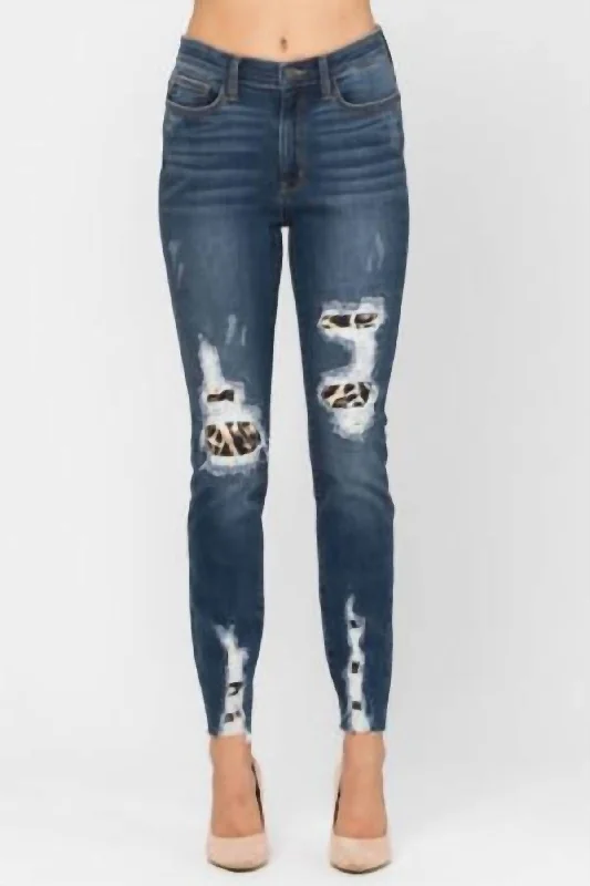 Leopard Patch Jeans In Dark Wash Fashionable Distressed Jeans