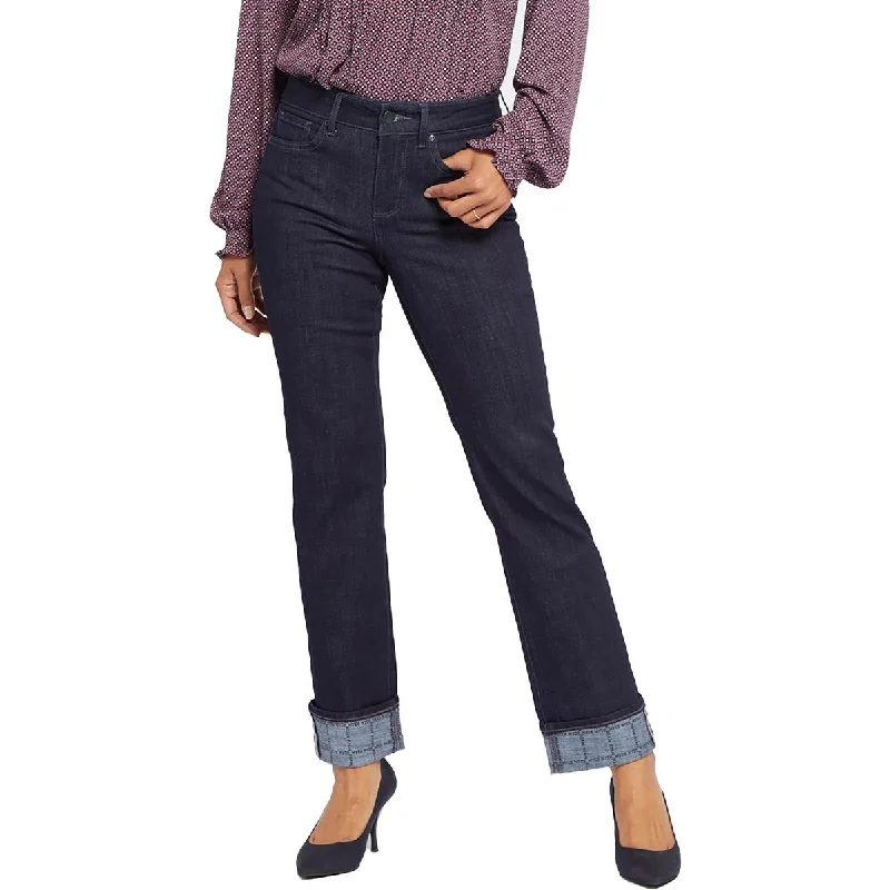 NYDJ Womens Marilyn Dark Wash Printed Cuff Straight Leg Jeans Trendy Pleated Waist Jeans
