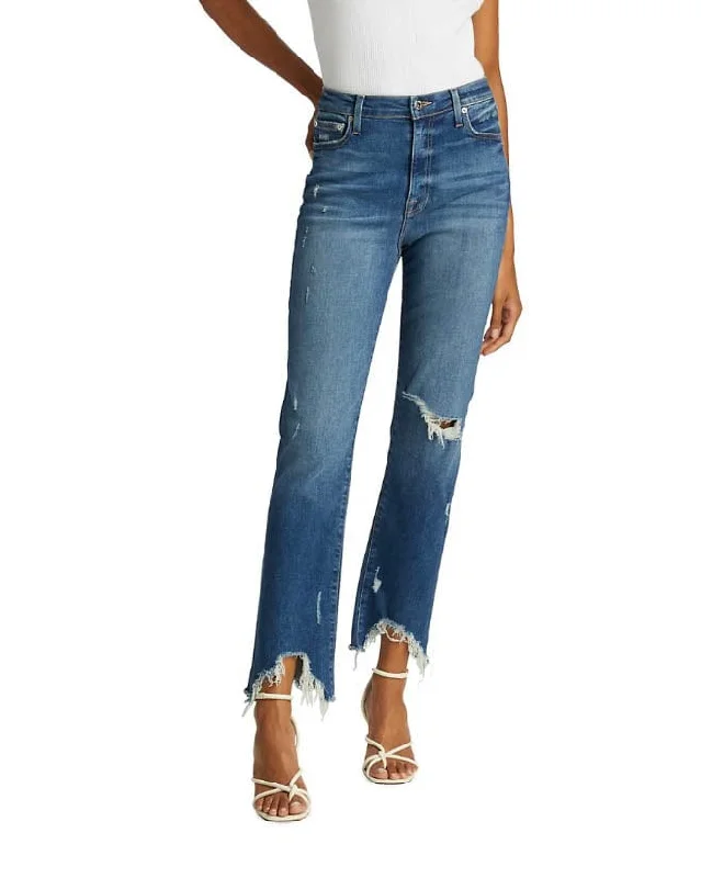 "River High-Rise Distressed Stretch Ankle Crop Jeans" Cozy Wide-Legged Jeans