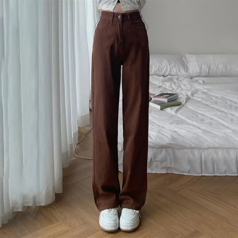 Summer Women Brown Jeans High Waist Loose Straight Wide Leg Denim Trouser Comfortable Flare Leg Jeans
