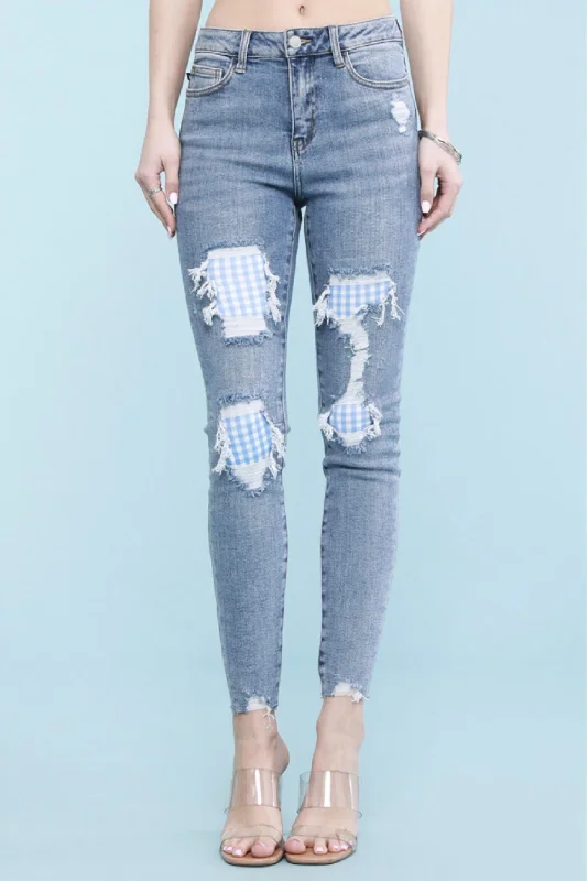 Sweet Summer Skinny Jeans In Blue Gingham Patch Fashionable Mom Jeans