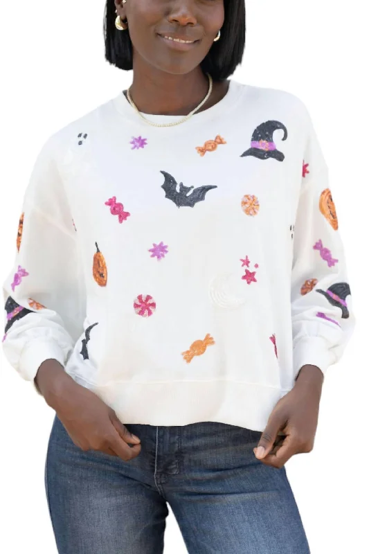 Trick Or Treat Crewneck Sweatshirt In White Hoodie with Back Slit Movement Comfort