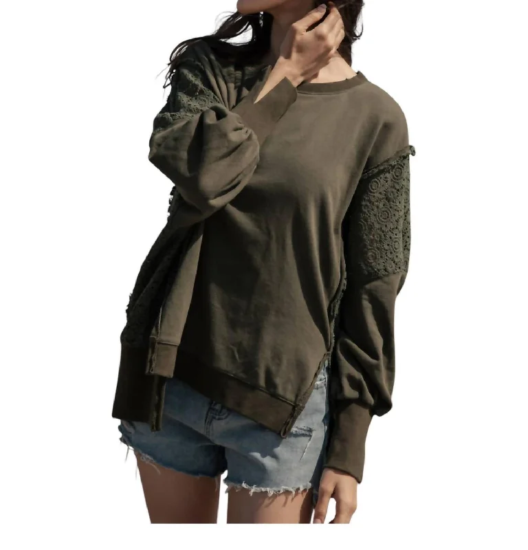 With Lace On Sides & Sleeves Sweatshirt In Army Green Hoodie with Side Slits Relaxed Casual