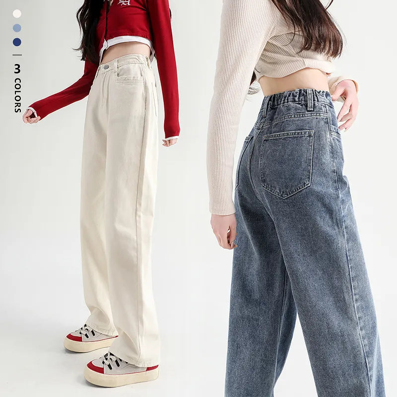 Woman Jeans Elastic High Waist Wide Leg Cotton Denim Clothing Blue White Streetwear Stylish Tapered Fit Jeans