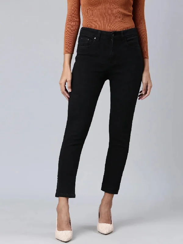 Women Black Solid Boyfriend Fit Denim Jeans-GZ-NONSTRETCH-Black Stylish High-Waist Jeans