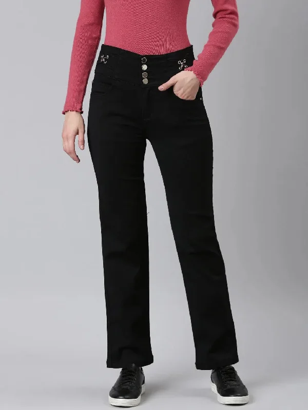 Women Black Solid Straight Fit Denim Jeans-LT-SF-17122-Black Elegant Raw Hem Jeans