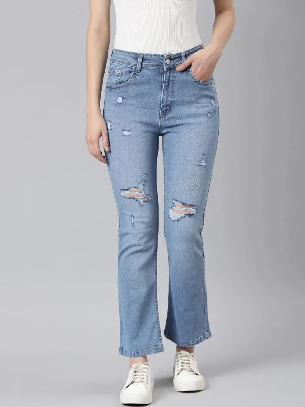 Women Blue Solid Flared Denim Jeans-GZ-5512-1-Blue Stylish Shredded Denim Jeans