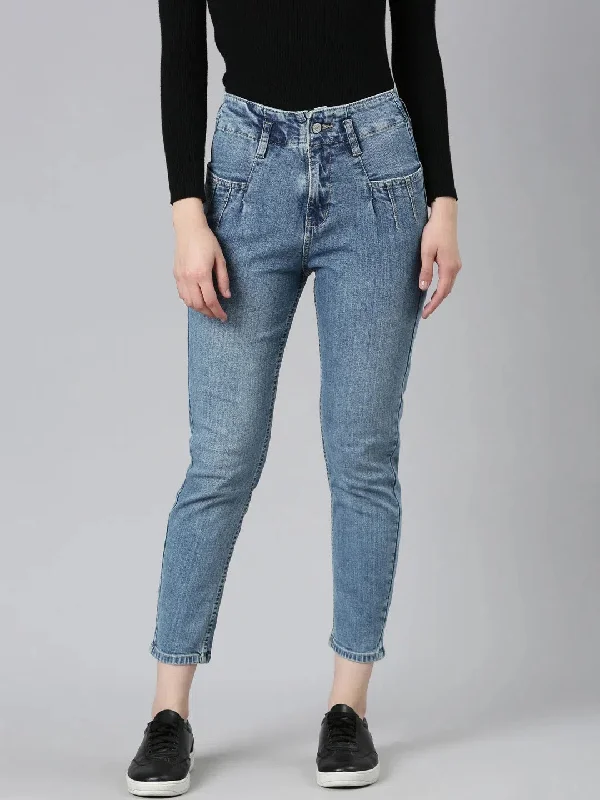 Women Blue Solid Mom Fit Denim Jeans-GZ-5497-1-Blue Fashionable Vintage Wash Jeans