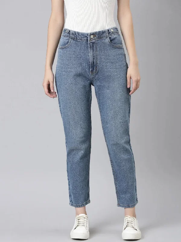 Women Blue Solid Mom Fit Denim Jeans-GZ-5529-1-Blue Stylish High-Waist Jeans