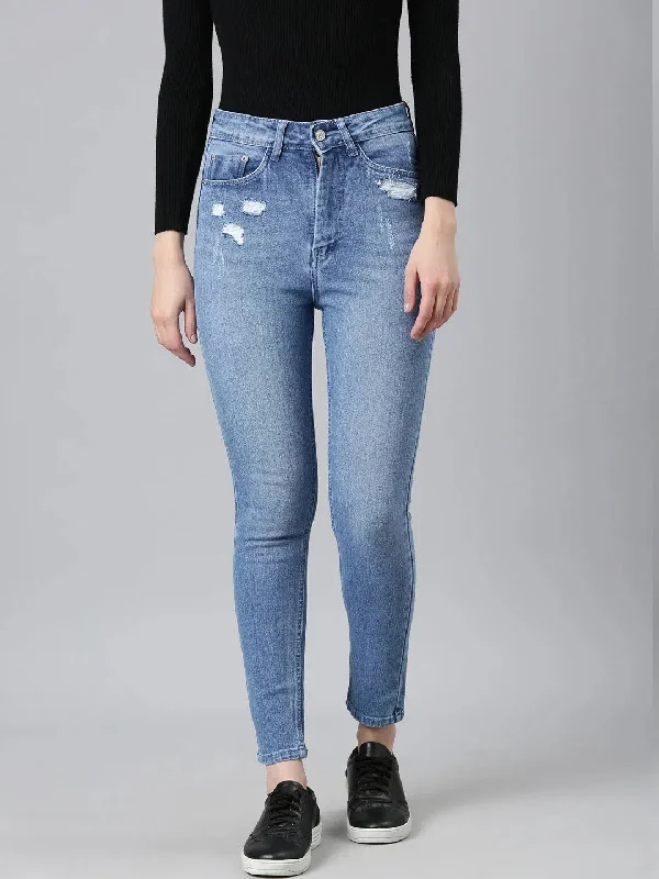 Women Blue Solid Slim Fit Denim Jeans-GZ-5458-Blue Fashionable Raw Hem Bootcut Jeans