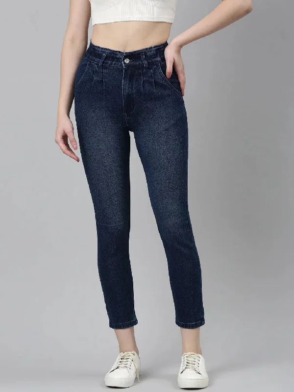 Women Blue Solid Slim Fit Denim Jeans-GZ-5501-2-Blue Comfortable Folded Hem Jeans