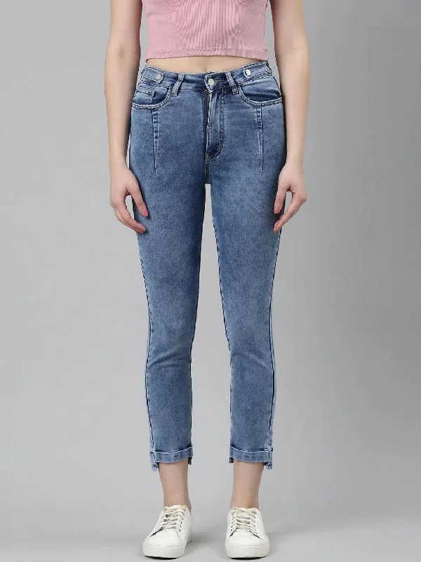 Women Blue Solid Slim Fit Denim Jeans-GZ-5526-2-Blue Fashionable Distressed Jeans