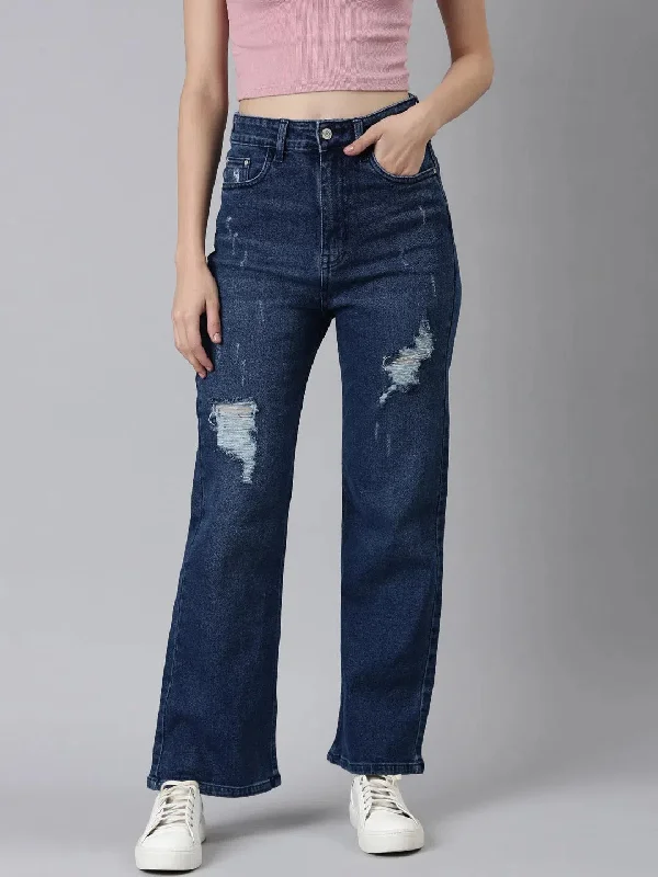 Women Blue Solid Straight Fit Denim Jeans-GZ-5395-1-Blue Stylish Slim Fit Denim