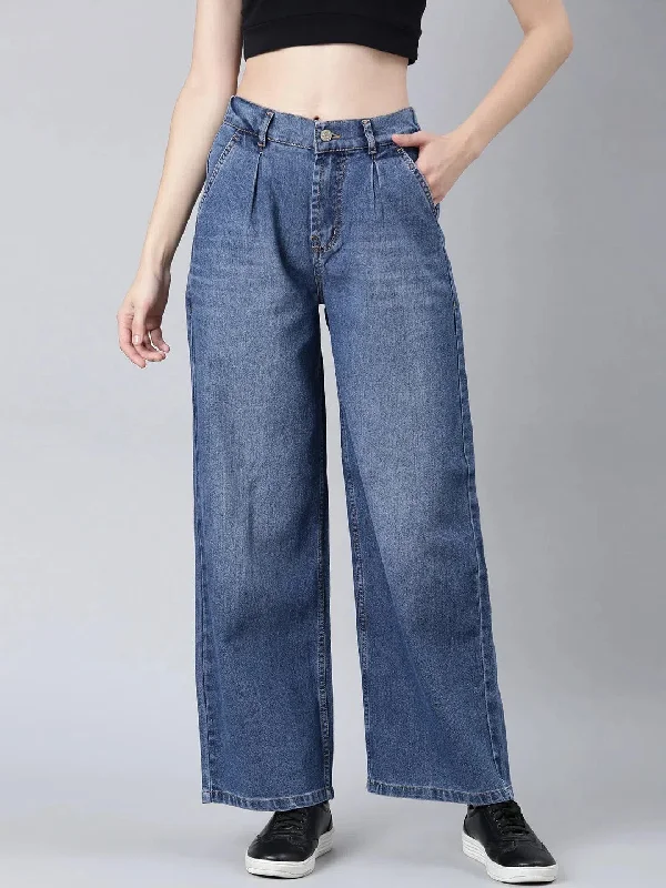 Women Blue Solid Wide Leg Denim Jeans-IM-10735-Blue Fashionable Vintage Wash Jeans
