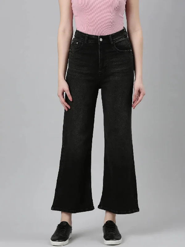 Women Charcoal Solid Wide Leg Denim Jeans-GZ-5508-1-Charcoal Comfortable Mid-Rise Jeans