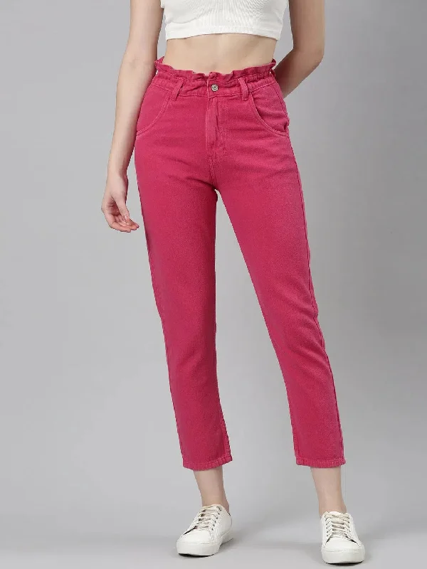 Women Fuchsia Solid Regular Fit Denim Jeans-GZ-5550-Fuchsia Casual Distressed Denim Jeans