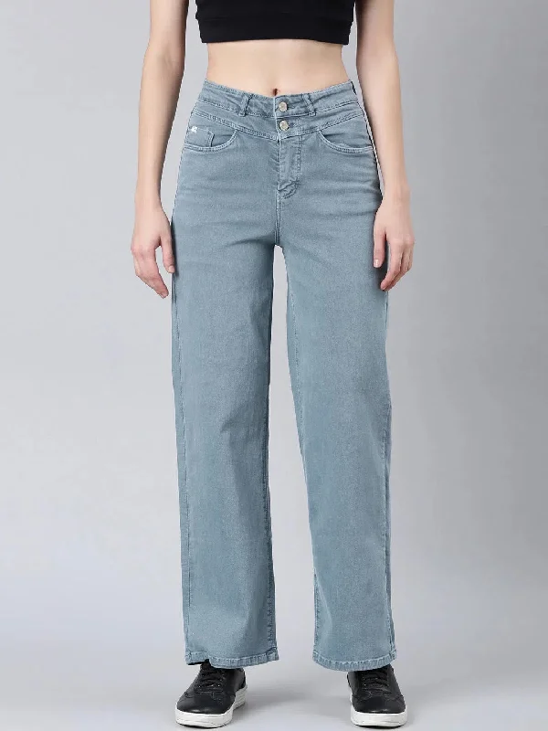 Women Grey Solid Wide Leg Denim Jeans-IM-10621-Grey Comfortable Zip-Fly Denim Jeans