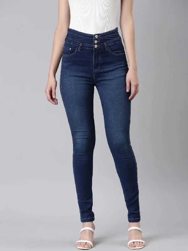 Women Navy Blue Embellished Skinny Fit Denim Jeans-LT-023067-Navyblue Fashionable Frayed Hem Denim